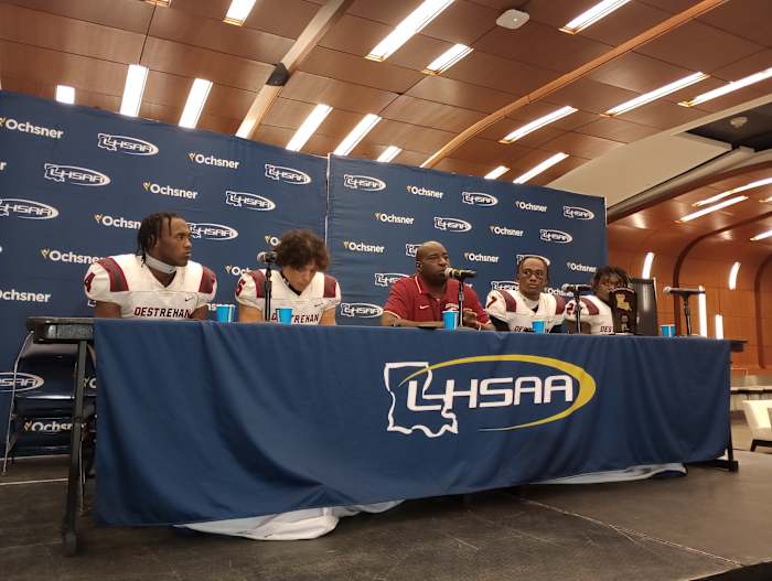 From left, Destrehan's Jai Eugene Jr., Anthony Robinson, coach Marcus Scott, Kevin Adams and Shane Lee following the Wildcats' 17-10 win against Ruston for the Division I non-select title on Dec. 9, 2022.